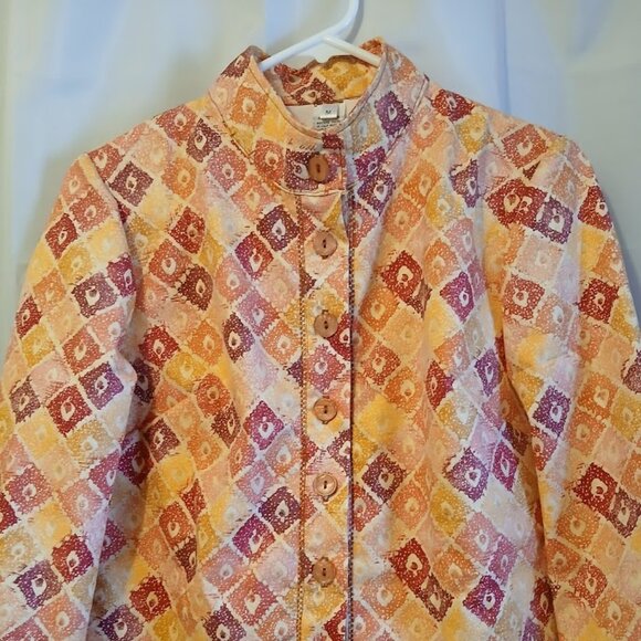 Nwt Mock neck Button up Dress Shirt womens M Mustard Peach Magenta geometric LS - Picture 3 of 10